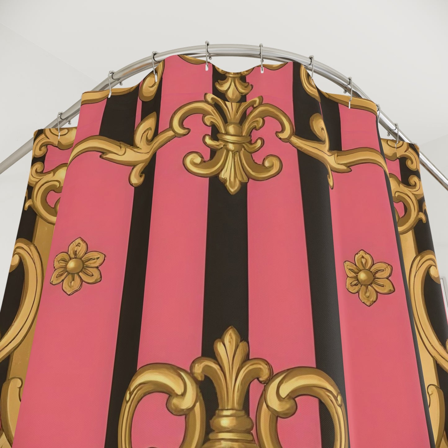 Glamorous Pink and Black Shower Curtain, Elegant Bathroom Decor, Modern Home - Pink & Black Striped Gold Baroque