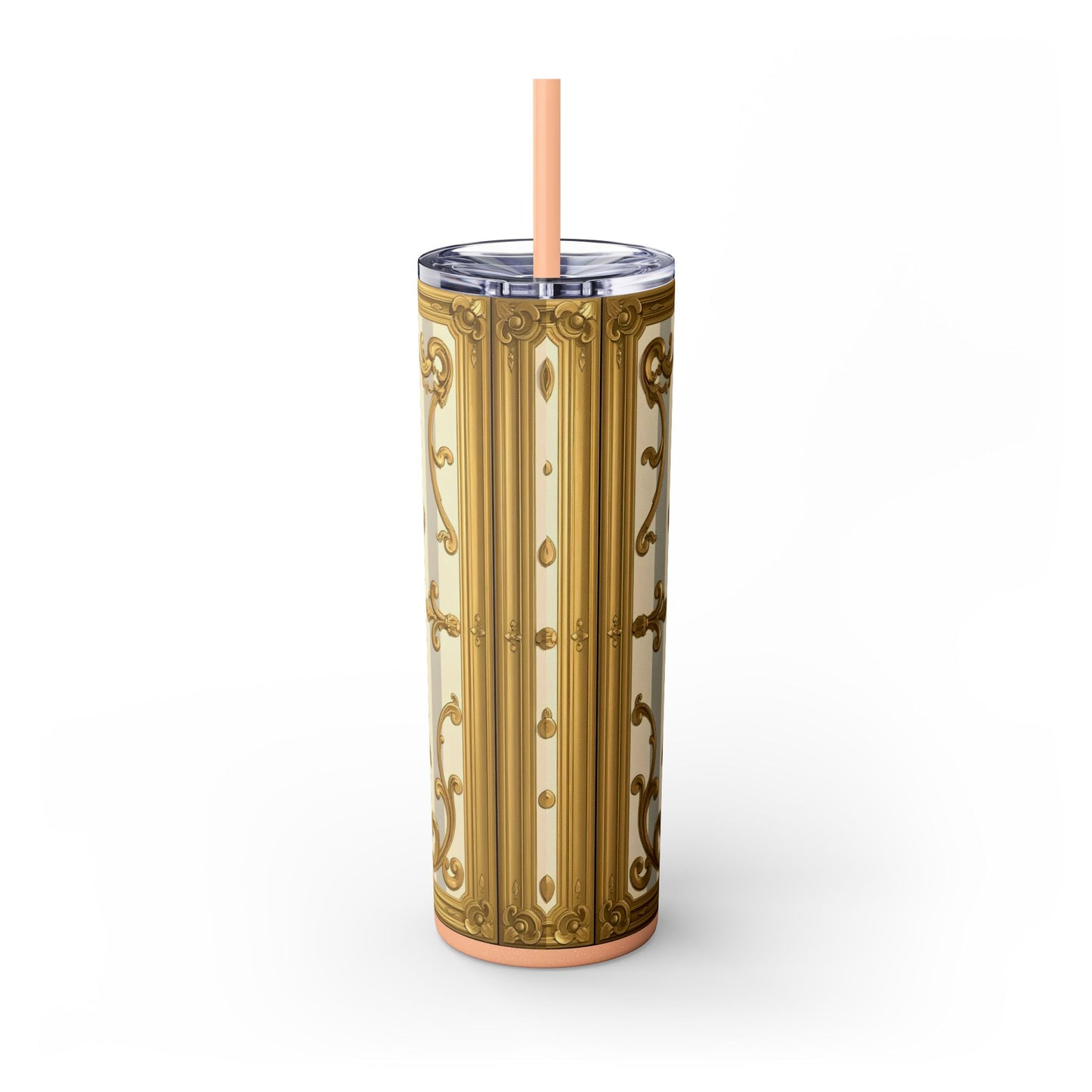 Elegant Vintage Skinny Tumbler with Straw, 20oz - Golden Baroque Design for Weddings, Parties - Matte Gray & Cream Striped Gold Baroque