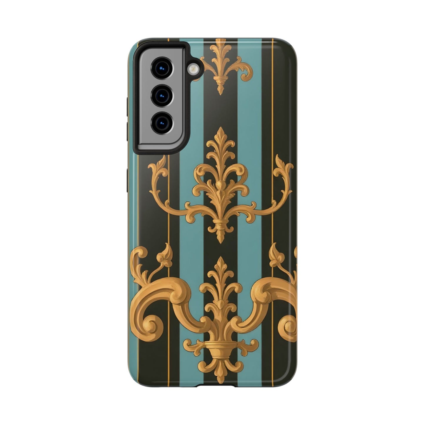 Elegant Baroque Tough Phone Case, Stylish Phone Cover, Durable iPhone Case, Unique Gift - Black & Turquoise Striped Baroque