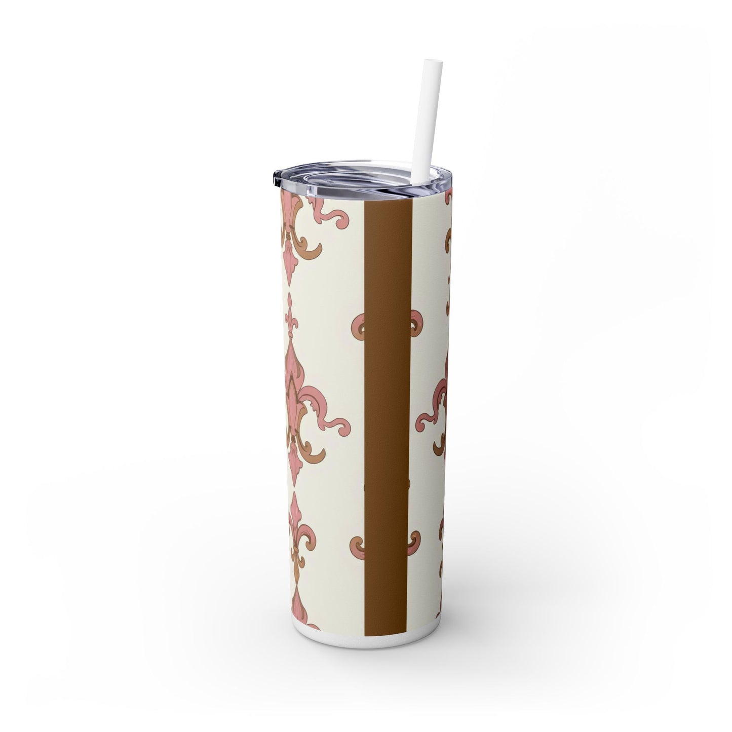 Elegant Floral Skinny Tumbler, 20oz Drinkware, Stylish Travel Mug, Wedding Gift, Personalized Gift, Eco-Friendly Cup - Brown Striped Pink Arabesque