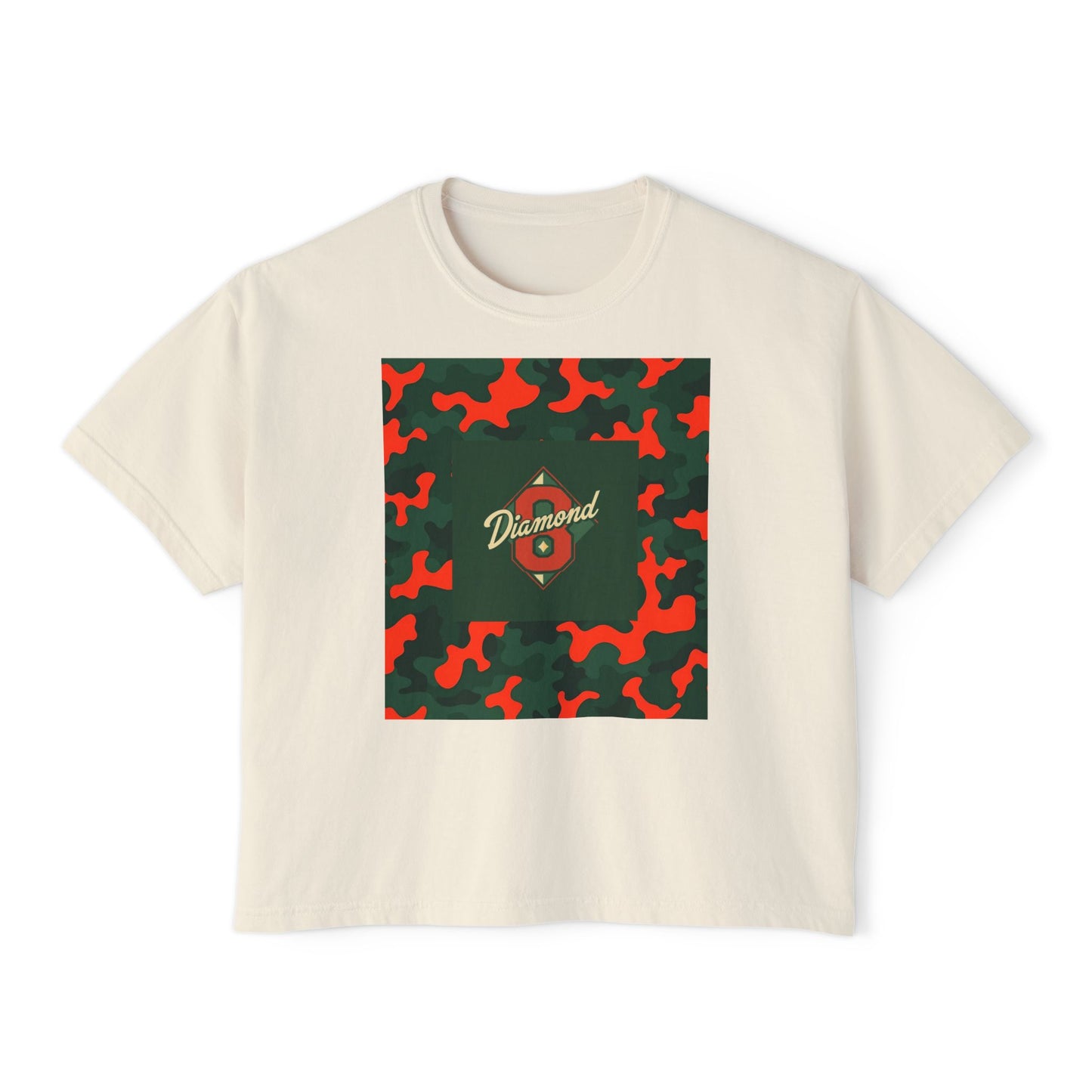 Stylish Women's Boxy Tee - Trendy Camo Print, Casual Summer Wear, Gift for Her, Streetwear Top - Green & Orange Camo Diamond 8