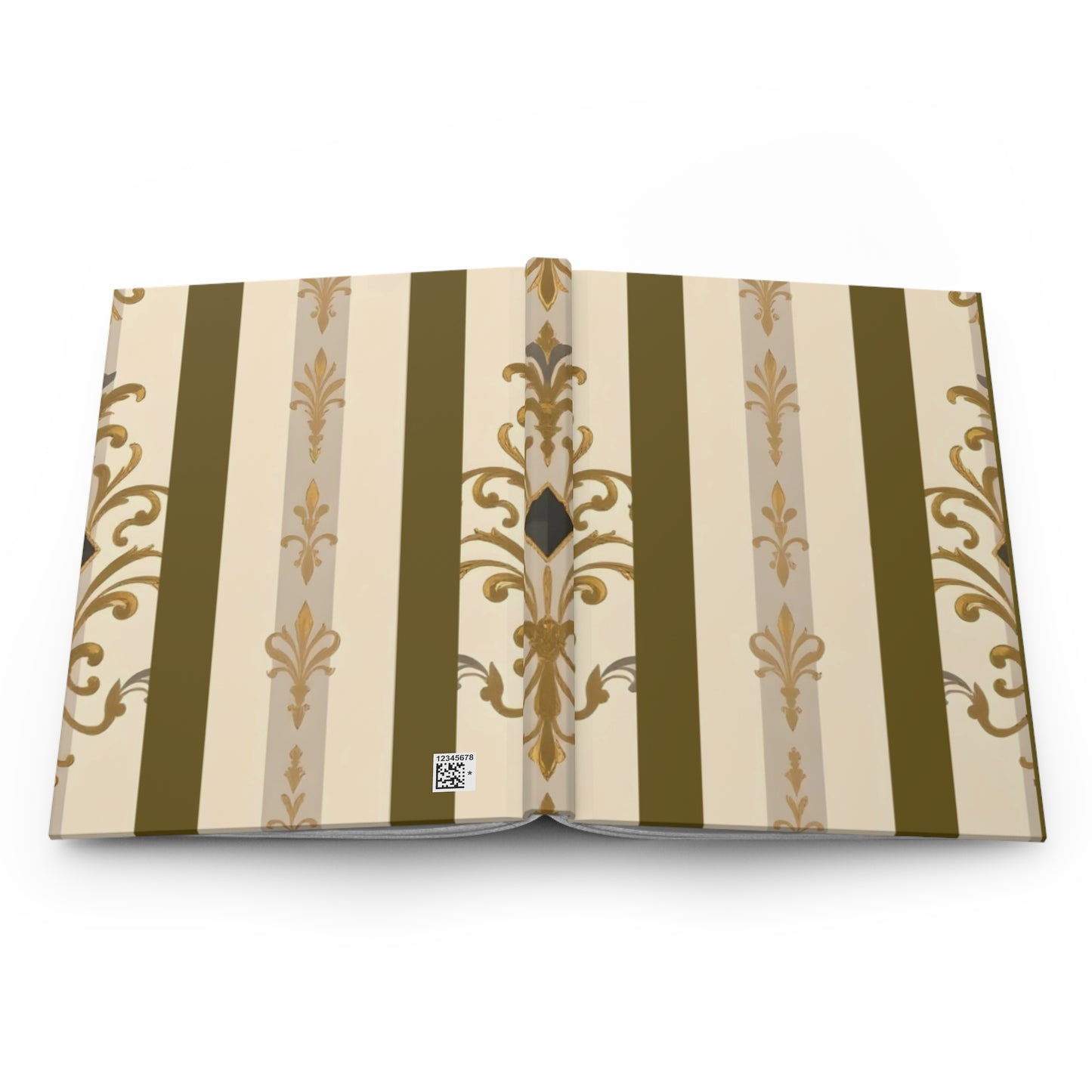 Elegant Floral Motif Hardcover Journal - Stylish Writing Notebook - Olive Striped Gold Damask