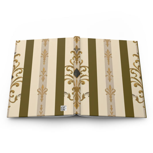 Elegant Floral Motif Hardcover Journal - Stylish Writing Notebook - Olive Striped Gold Damask