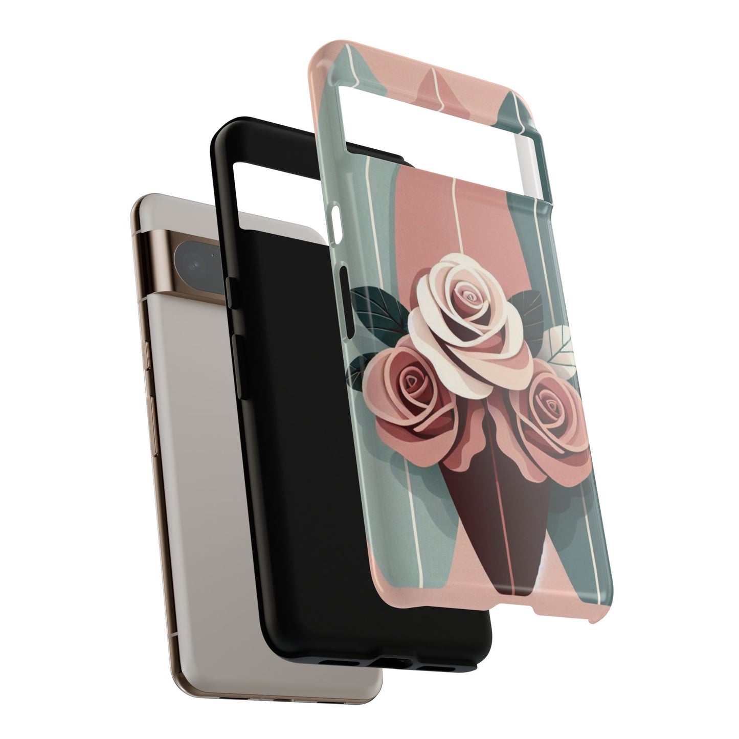 Phone Case - Burgundy, Matte Mauve & Teal Surfboard & Roses Design