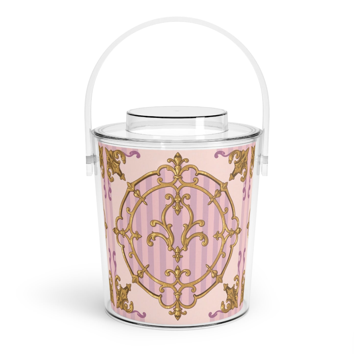 Elegant Lavender & Alabaster Striped Gold Baroque Decorative Ice Bucket with Tongs for Parties, Weddings, Home Bar, Summer Gatherings, Gift Idea