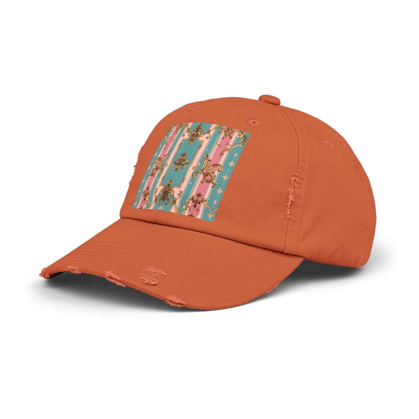 Stylish Unisex Distressed Cap with Floral Pattern, Casual Hat, Trendy Headwear, Summer Accessory - Pink & Matte Turquoise Striped Rococo