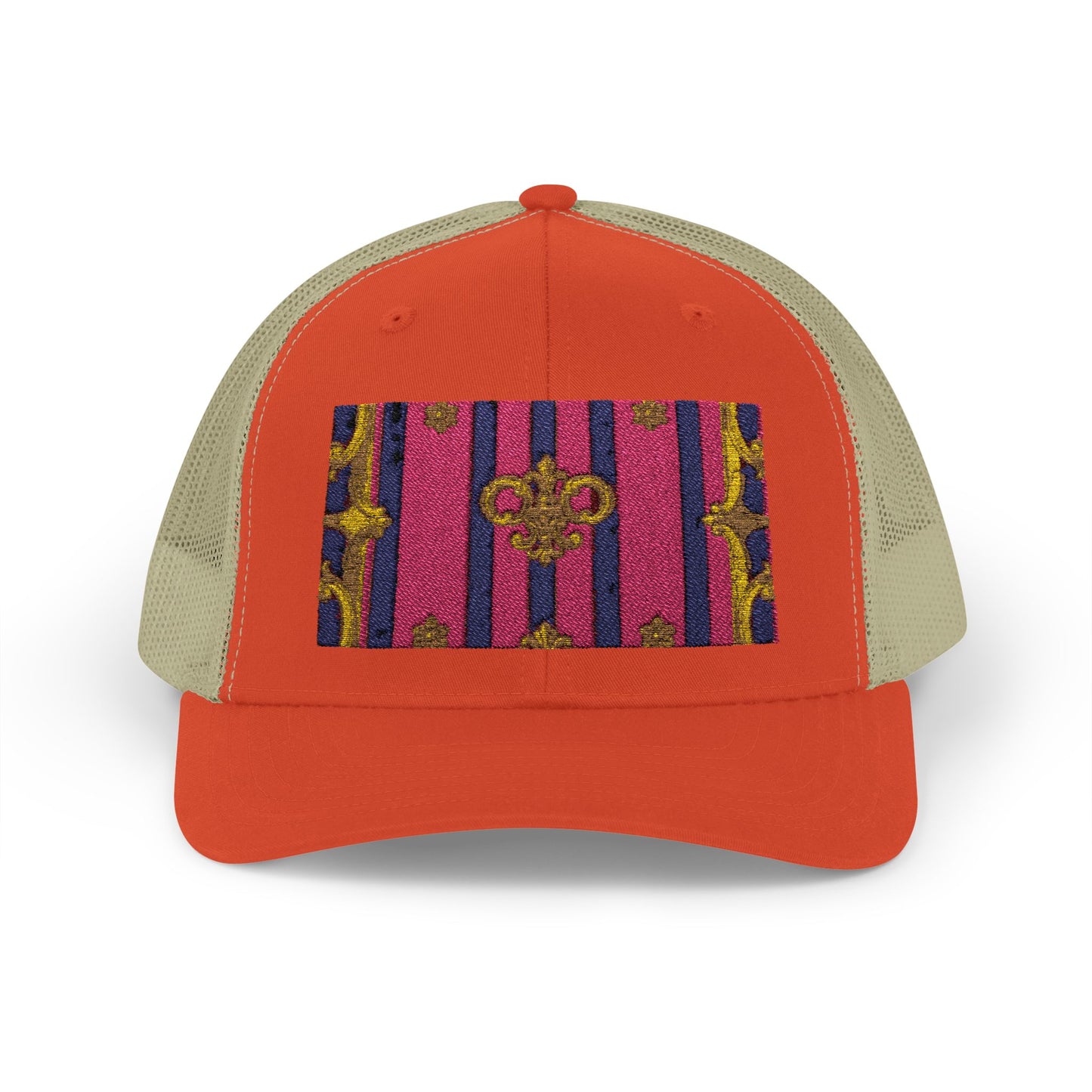 Vibrant Snapback Trucker Cap, Stylish Outdoor Hat, Trendy Fashion Accessory, Gift for Him or Her - Pink Striped Gold Baroque