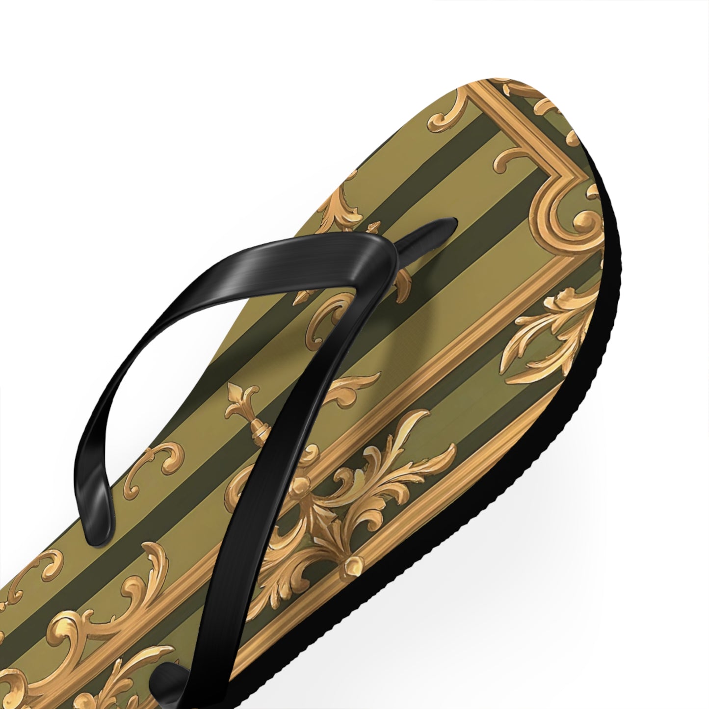 Elegant Floral Flip Flops, Summer Sandals, Beach Footwear, Vacation Essentials, Gift for Her, Outdoor Adventures - Olive Green Striped Rococo