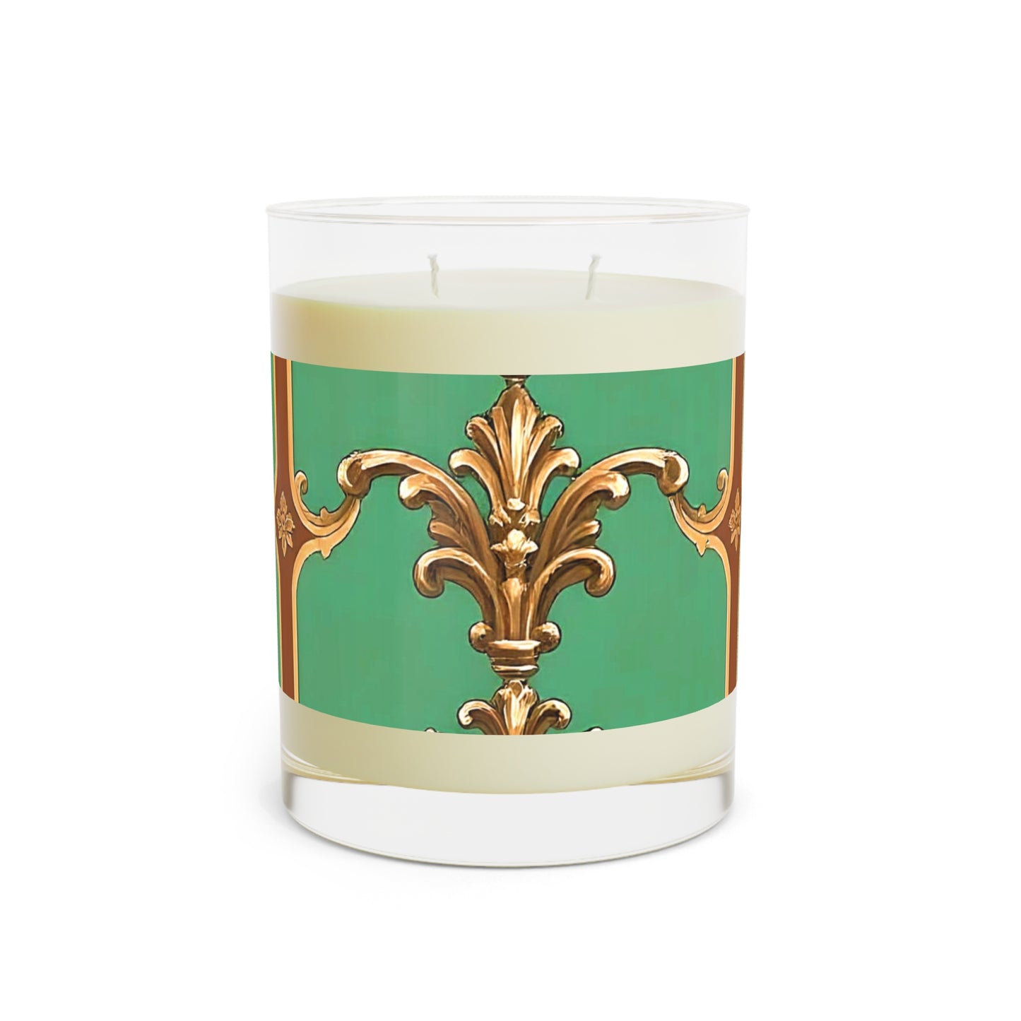Elegant Green & Gold Scented Candle - 11oz Full Glass - Rust & Green Striped Baroque