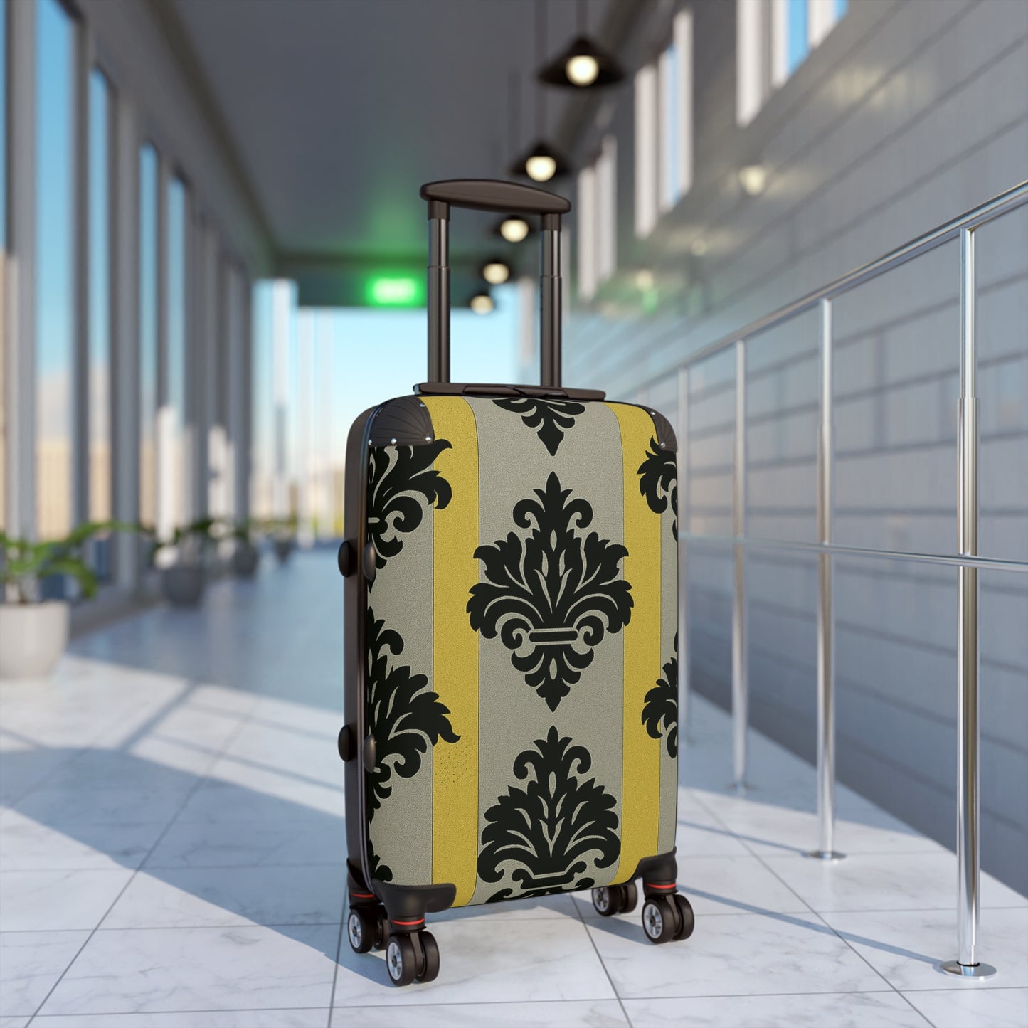 Chic Traveler Suitcase with Elegant Design for Stylish Adventures, Black Luggage, Travel Essential - Silver & Gold Striped Black Baroque