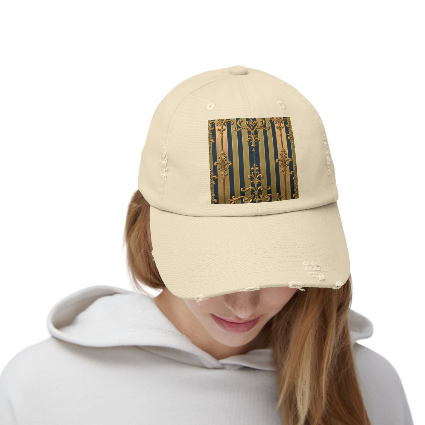 Stylish Midnight Blue & Olive Striped Gold Baroque Unisex Distressed Cap with Elegant Gold Accent, Fashionable Hat for Casual Days, Gift for Birthdays