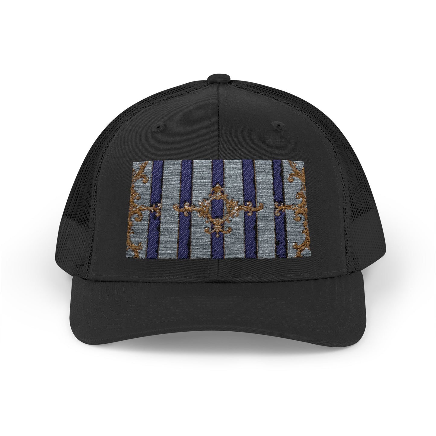 Stylish Snapback Trucker Cap with Vibrant Pattern, Trendy Hat for Outdoor Adventures, Casual Wear - Striped Gold Baroque