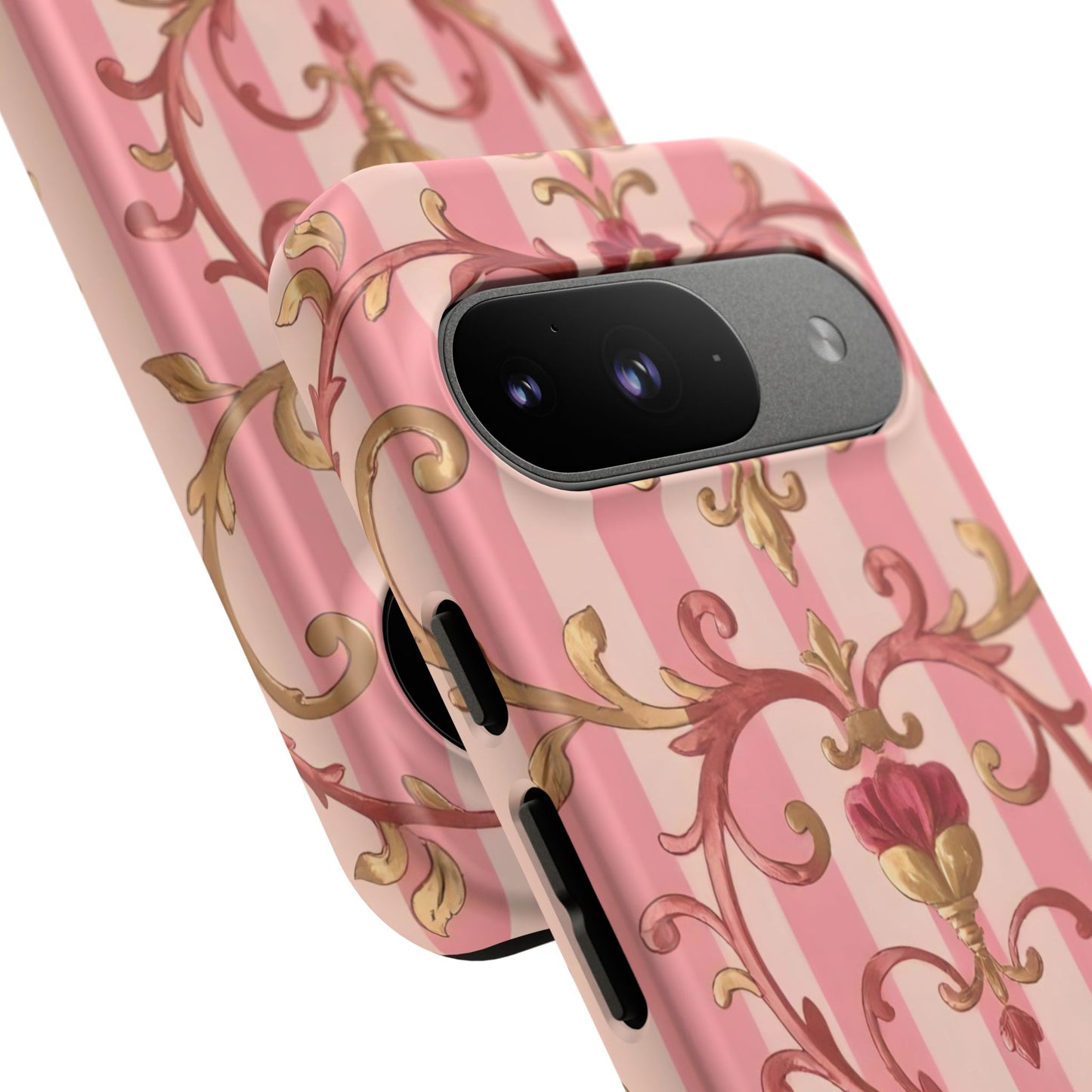 Elegant Floral Motif Phone Case - Tough Cases with Vintage Design - Pink Striped Rose Gold Damask