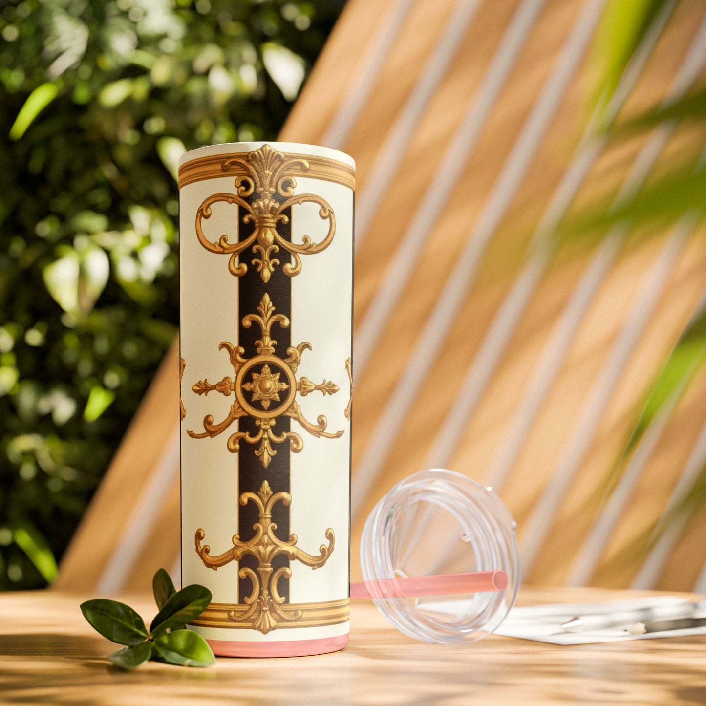 Elegant Gold Accents Skinny Tumbler, 20oz - Stylish Drinkware for Weddings, Parties, Gifts, or Everyday Use - Black & White Striped Gold Baroque
