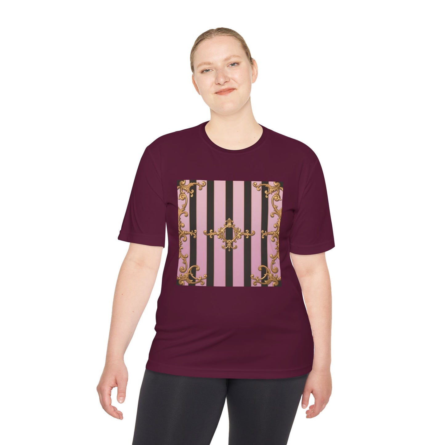 Elegant Striped Unisex Moisture Wicking Tee, Stylish Workout T-Shirt, Fashionable Athletic Top - Matte Lavender & Black Striped Gold Baroque