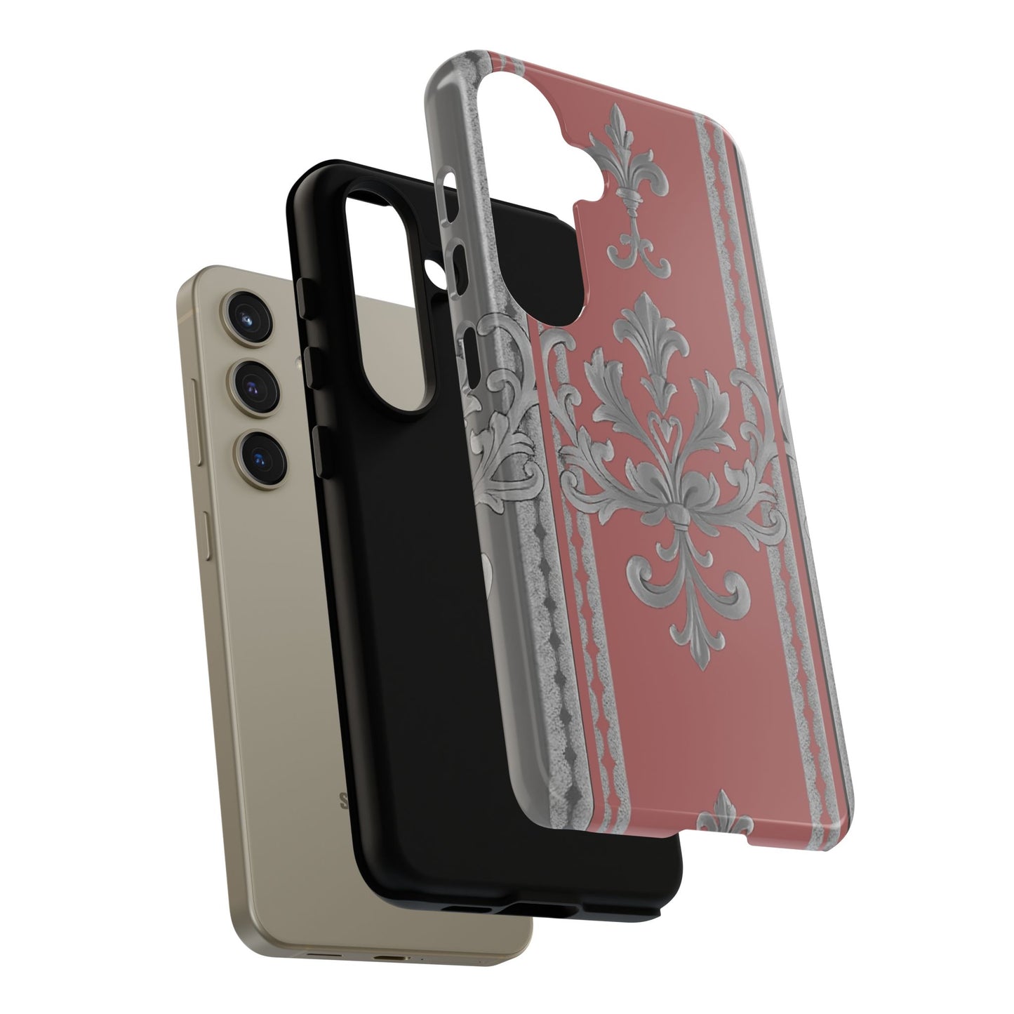 Elegant Floral Phone Case - Tough Cases for Stylish Protection - Gray & Mauve Striped Baroque