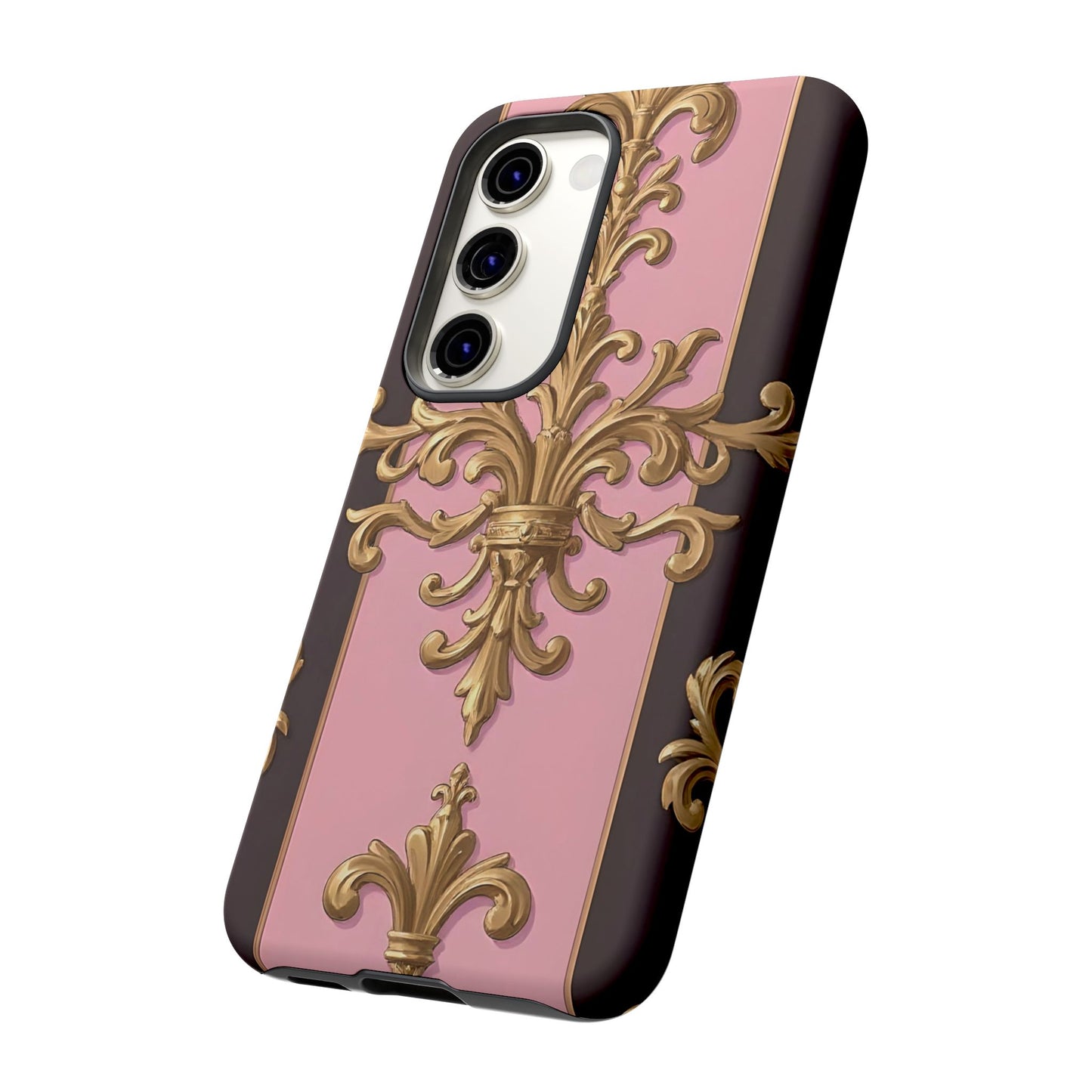 Elegant Floral Motif Phone Case - Tough Cases with Vintage Design - Pink & Brown Striped Gold Damask