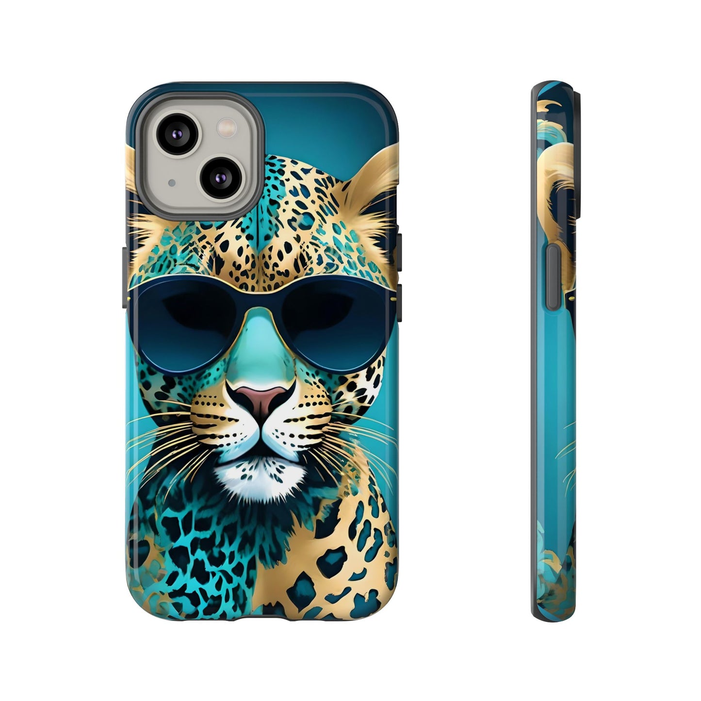 Phone Case - Aqua & Gold Leopard In Sunglasses Design