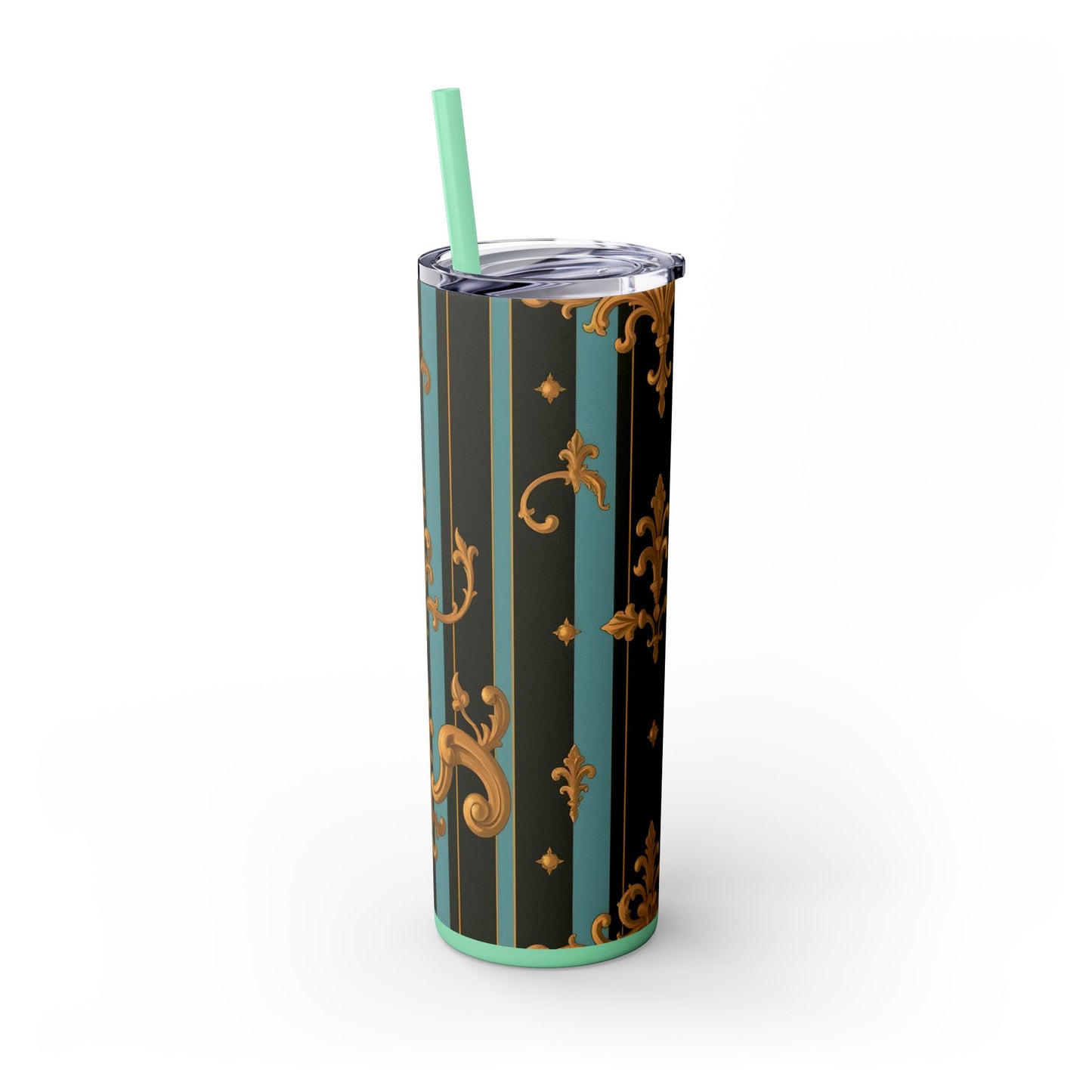 Elegant Vintage Skinny Tumbler with Straw, 20oz | Gold Floral Pattern, Reusable Drinkware, Perfect for Home - Black & Turquoise Striped Baroque