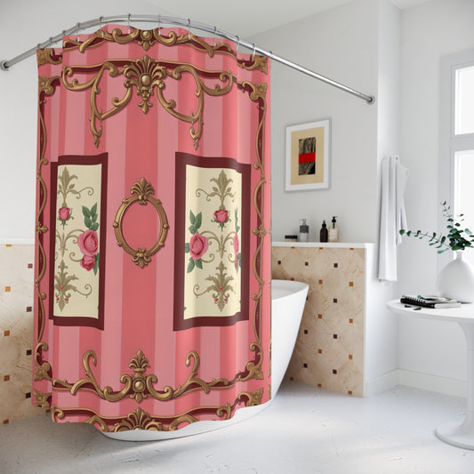Vintage Floral Shower Curtain – Elegant Rose Design for Bathroom Decor - Pink Striped Baroque & Roses