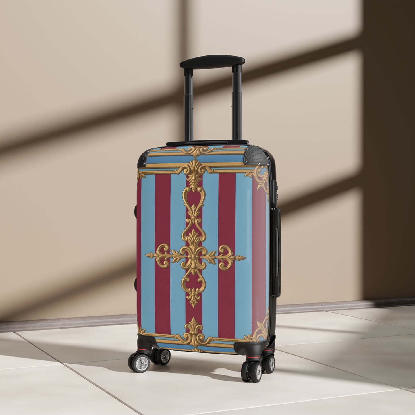 Elegant Vintage-Inspired Suitcase, Travel Luggage, Stylish Holiday Gift, Unique Baggage for Adventurers - Sky Blue & Maroon Striped Baroque