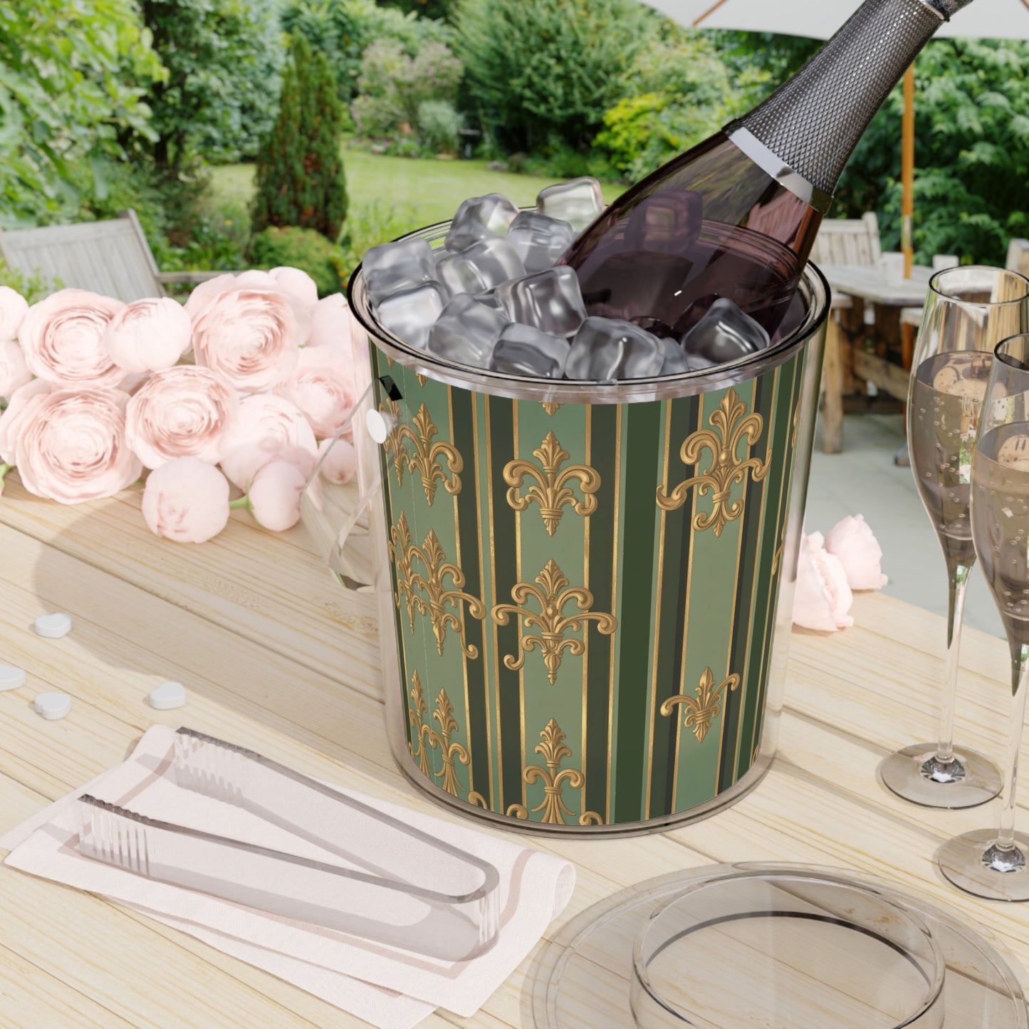 Elegant Ice Bucket with Tongs, Decorative Ice Container, Party Essential, Barware Gift, Luxe Home Decor - Green Striped Gold Baroque