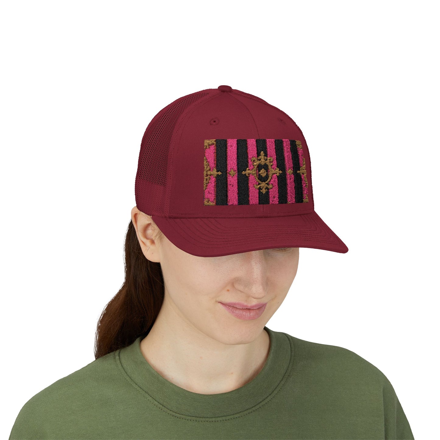 Stylish Snapback Trucker Cap with Black & Mauve Striped Gold Baroque, Trendy Fashion Hat, Perfect Gift for Him/Her