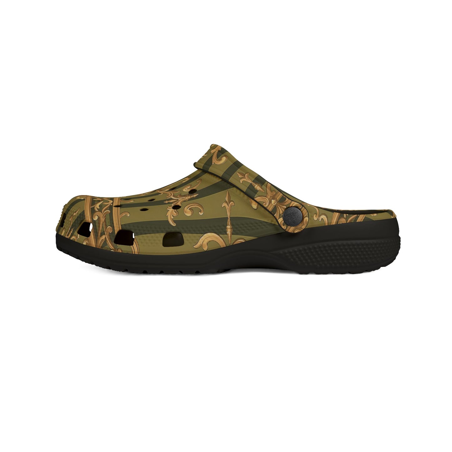 Chic Patterned EVA Foam Shoes, Stylish Footwear, Comfortable Everyday Clogs, Unique Home Shoes - Olive Green Striped Rococo