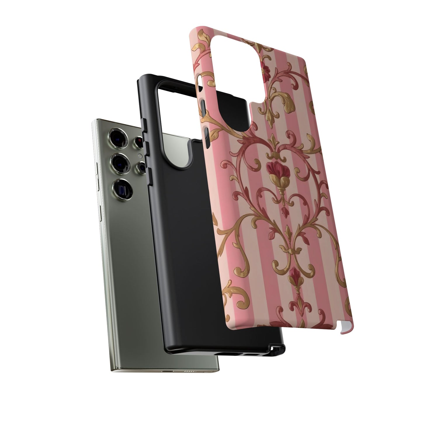 Elegant Floral Motif Phone Case - Tough Cases with Vintage Design - Pink Striped Rose Gold Damask
