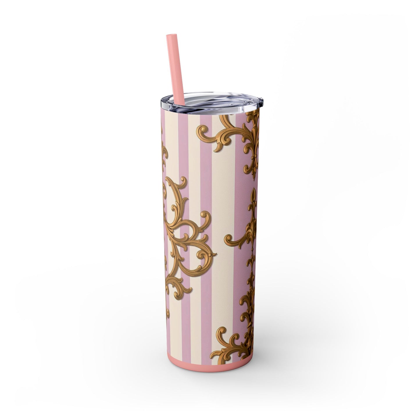 Elegant Pink Tumbler, Gold Patterned Travel Cup, Insulated Drink Holder, Stylish Coffee Tumbler - Lilac & Alabaster Striped Gold Baroque