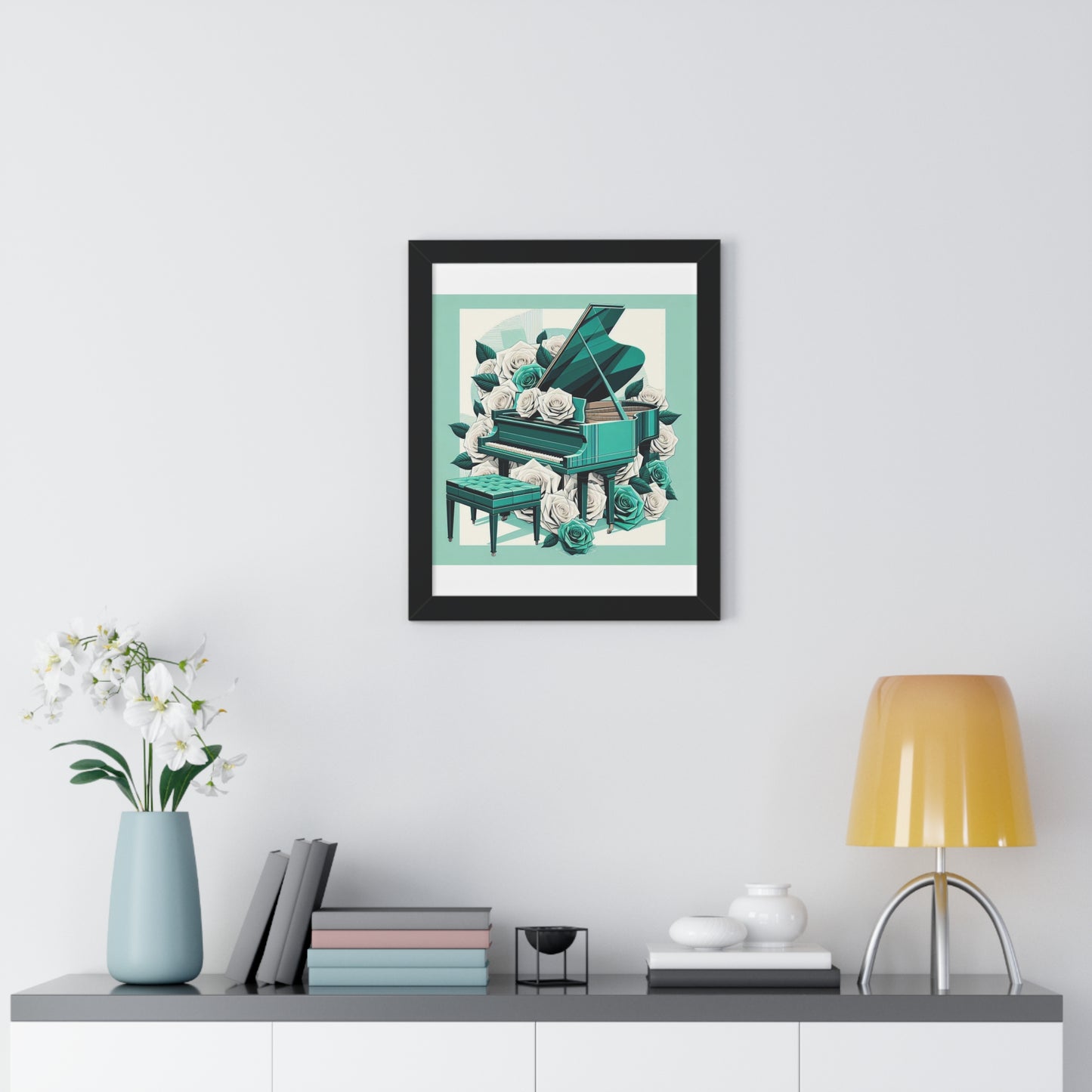 Vertical Poster - Aqua Grand Piano & Roses Wall Art