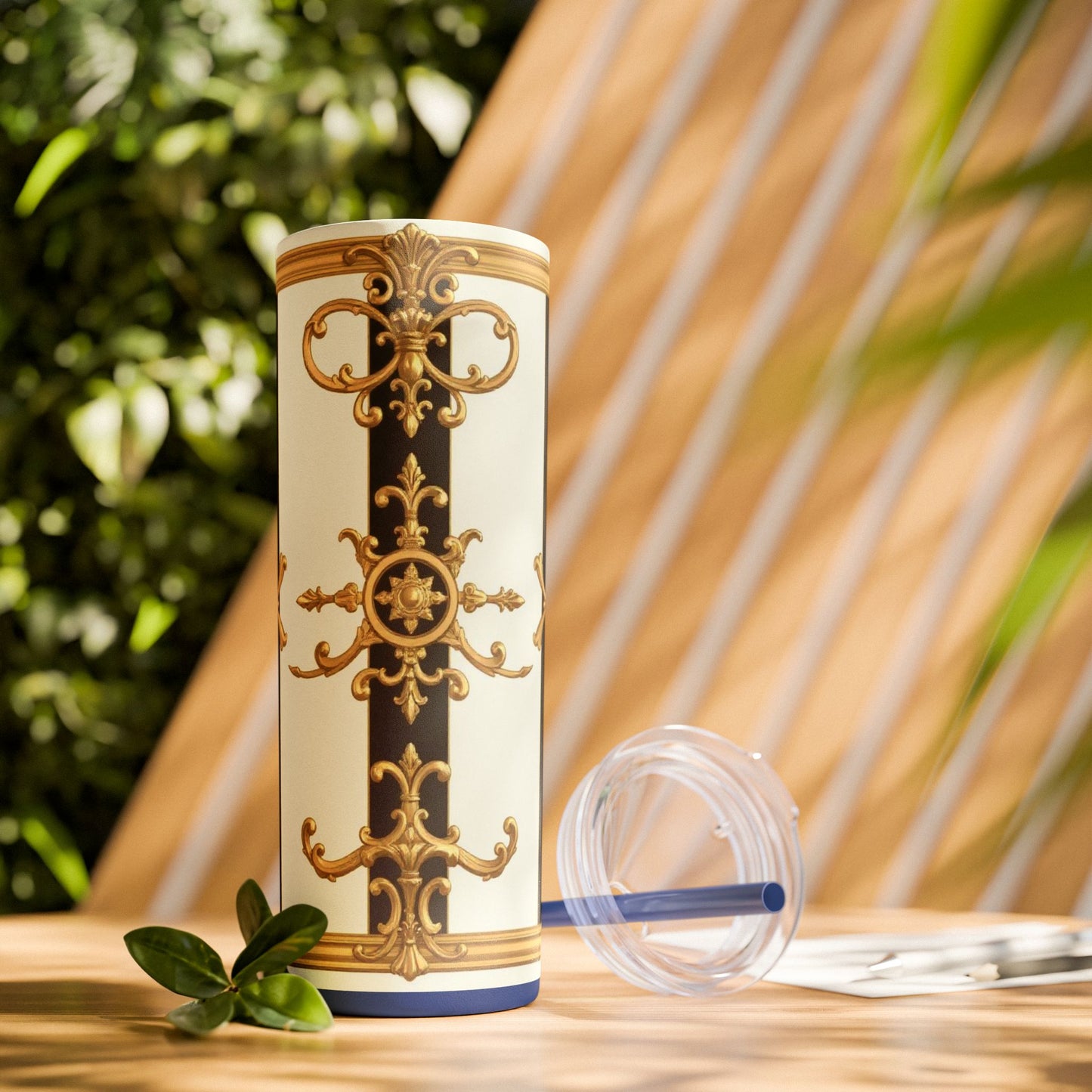 Elegant Gold Accents Skinny Tumbler, 20oz - Stylish Drinkware for Weddings, Parties, Gifts, or Everyday Use - Black & White Striped Gold Baroque
