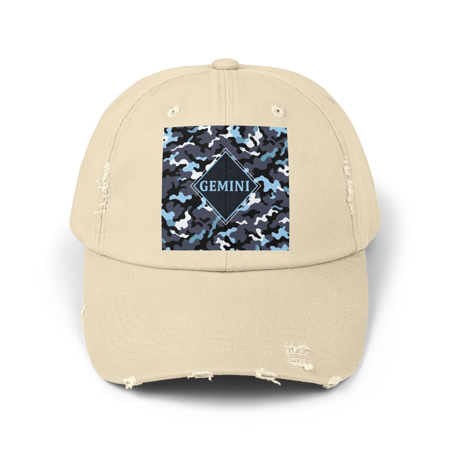 Gemini Distressed Cap - Unisex Camo Design - Black, Grey & Ice Blue