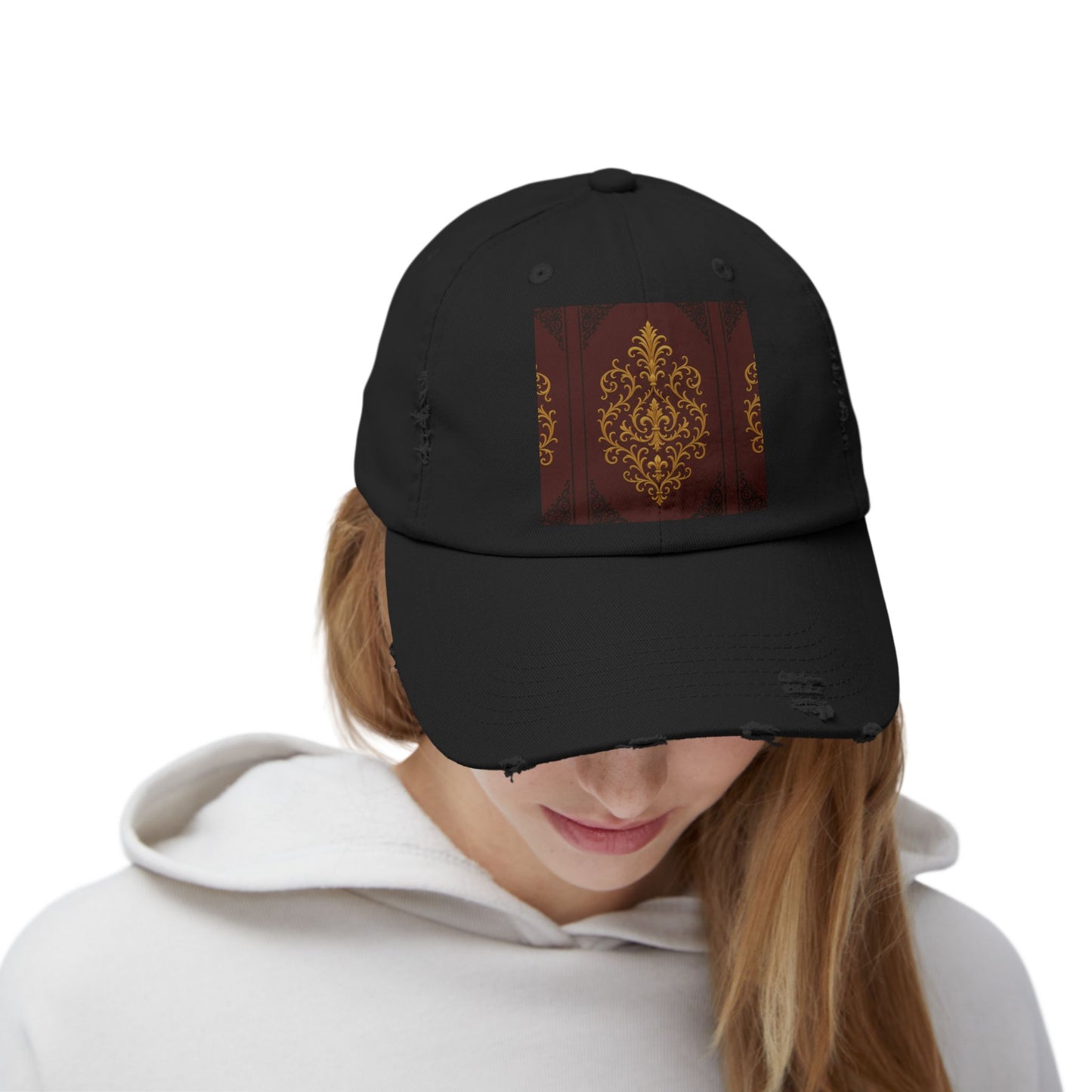 Dusk Burgundy-Black & Gold Baroque Distressed Black Cap with Vintage Gold Baroque Panel – Elegant Retro Baseball Hat