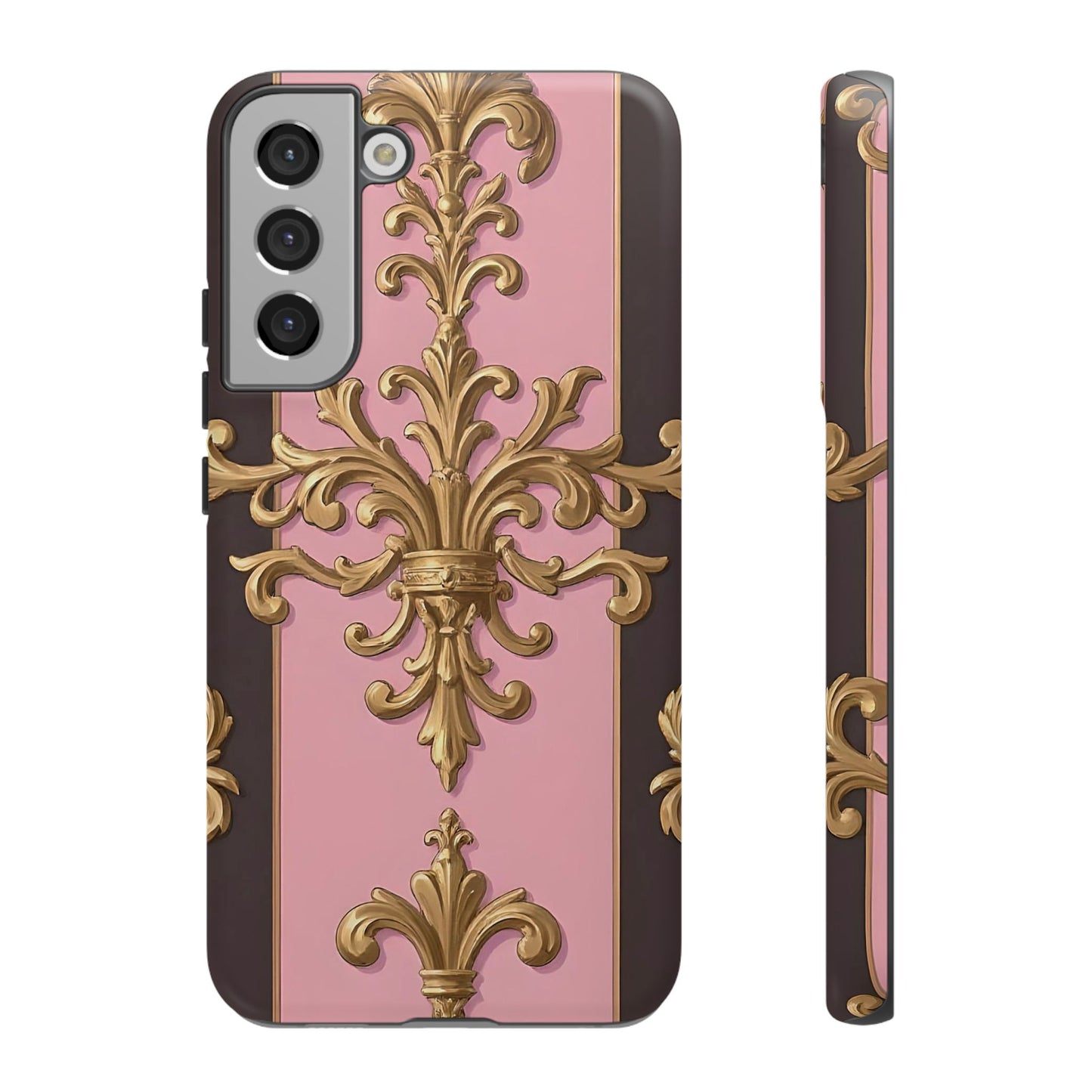 Elegant Floral Motif Phone Case - Tough Cases with Vintage Design - Pink & Brown Striped Gold Damask