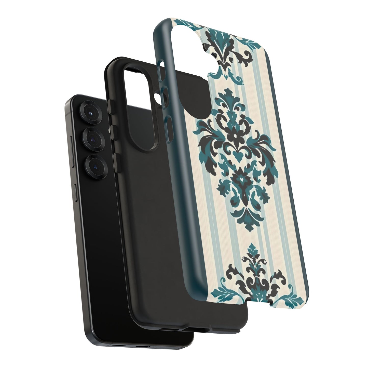Elegant Floral Phone Case - Tough Cases with Vintage Design - Teal Striped Damask