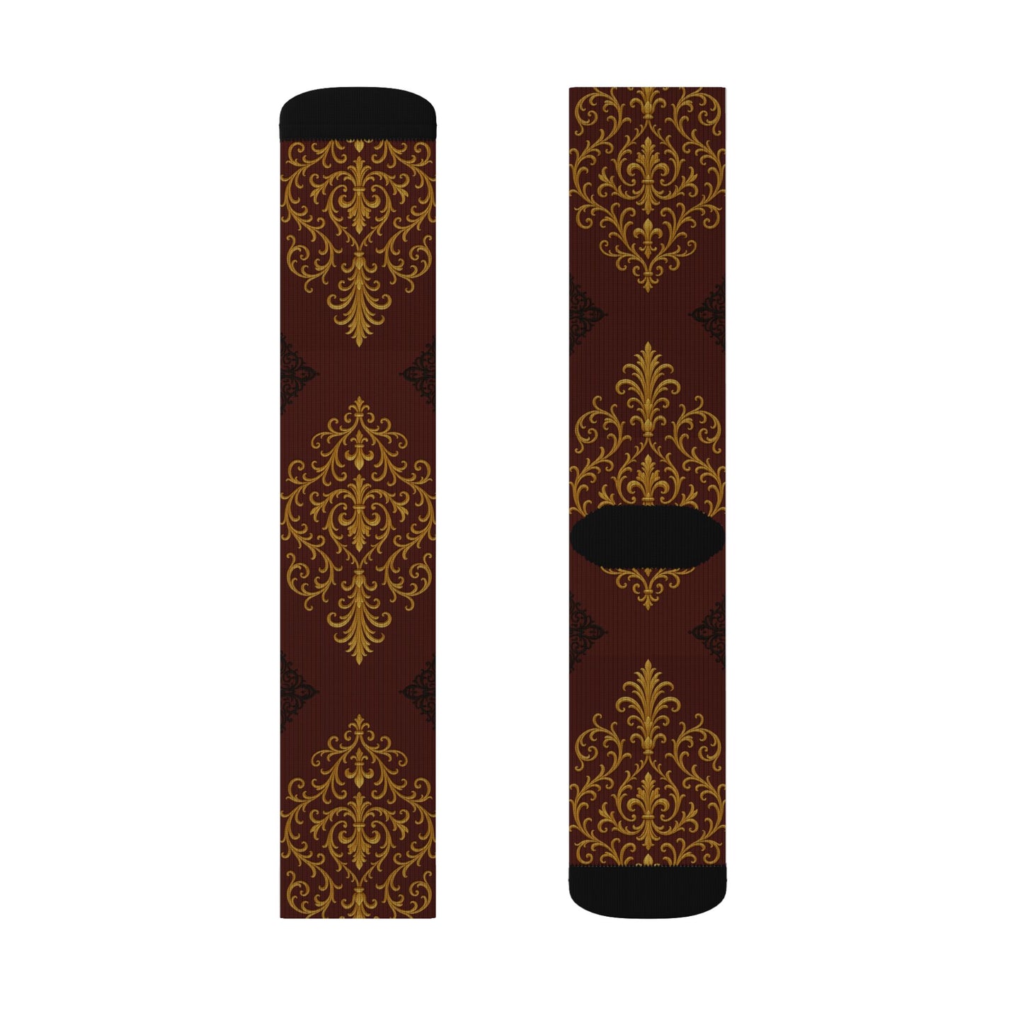 Dusk Burgundy-Black & Gold Baroque Sublimation Socks — Vintage Baroque Patterned Crew Socks