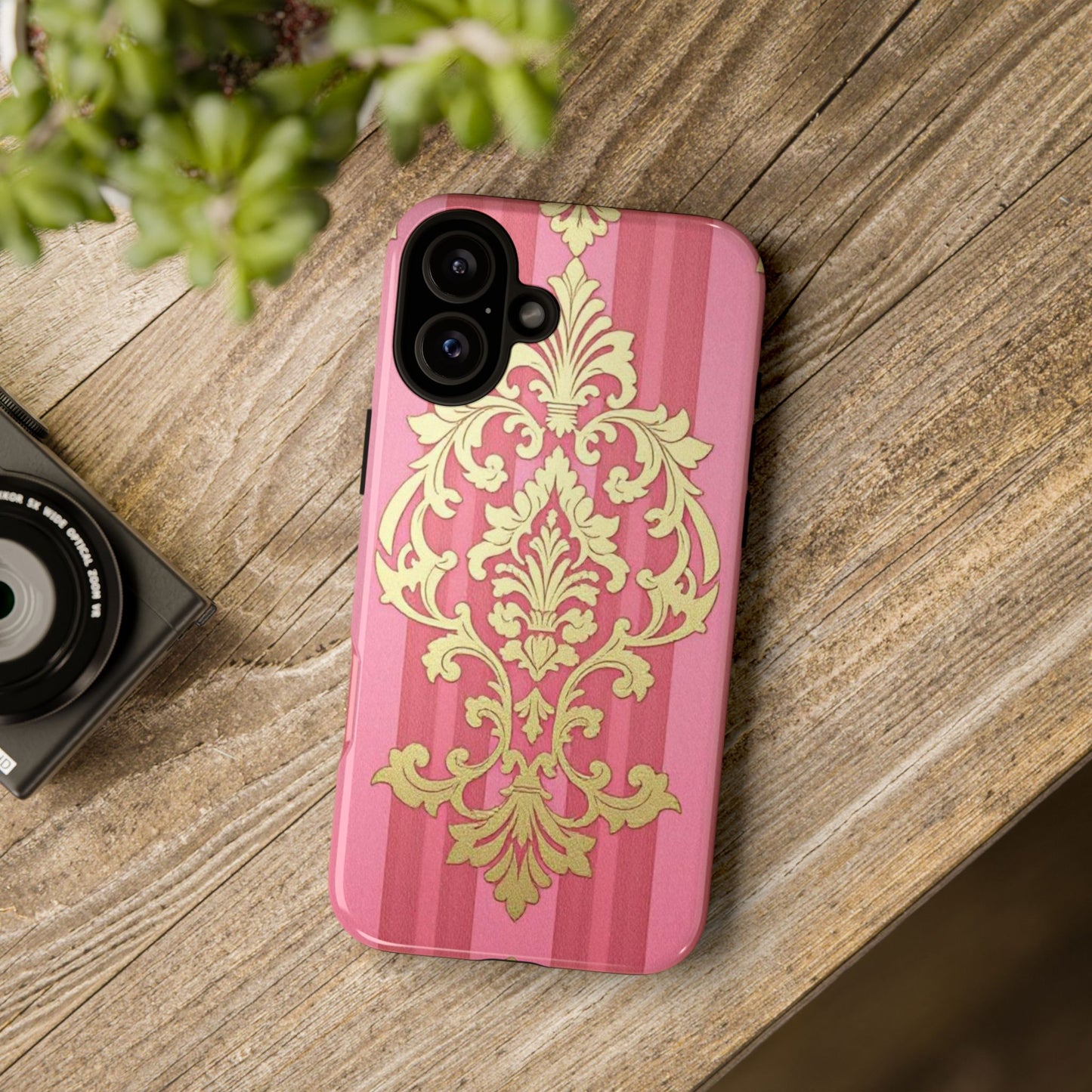 Elegant Floral Motif Phone Case - Tough Cases with Vintage Design - Pink Striped Damask