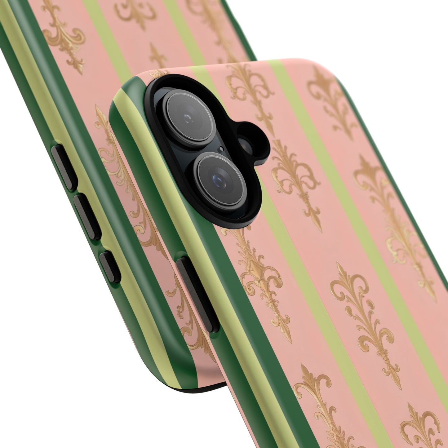 Elegant Floral Motif Phone Case - Tough Cases with Vintage Design - Lime Green & Pink Striped Damask