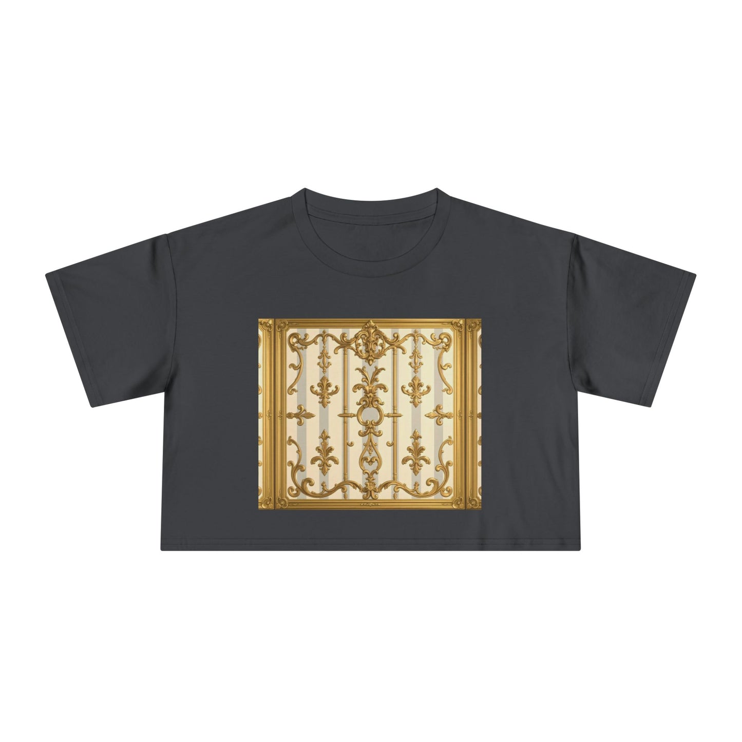 Elegant Vintage Women's Crop Tee, Stylish Oversized Top, Casual Summer Shirt, Trendy Women's Apparel - Matte Gray & Cream Striped Gold Baroque