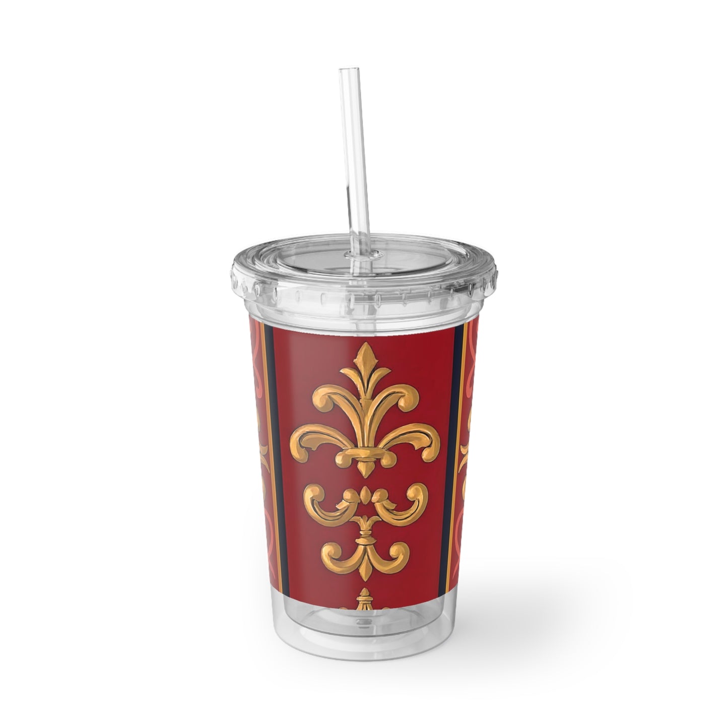 Elegant Acrylic Travel Cup with Gold Floral Design, Personalized Tumbler, Insulated Cup for Hot/Cold Beverages - Midnight Blue & Dusk Red Gold Baroque