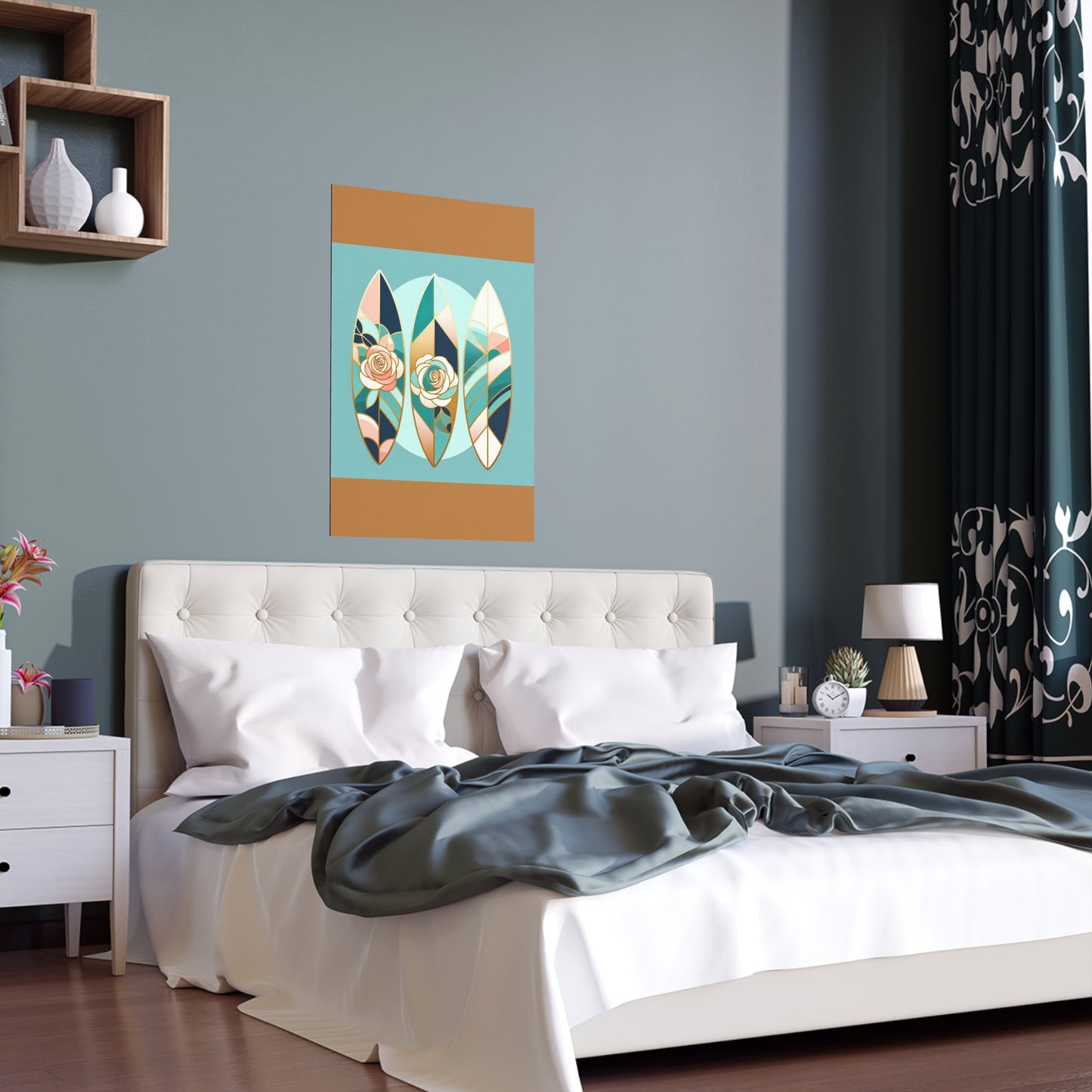 Elegant Floral Silk Poster - Indoor/Outdoor Wall Art for Home Decor - Blue, Pink & Aqua Surfboard & Roses