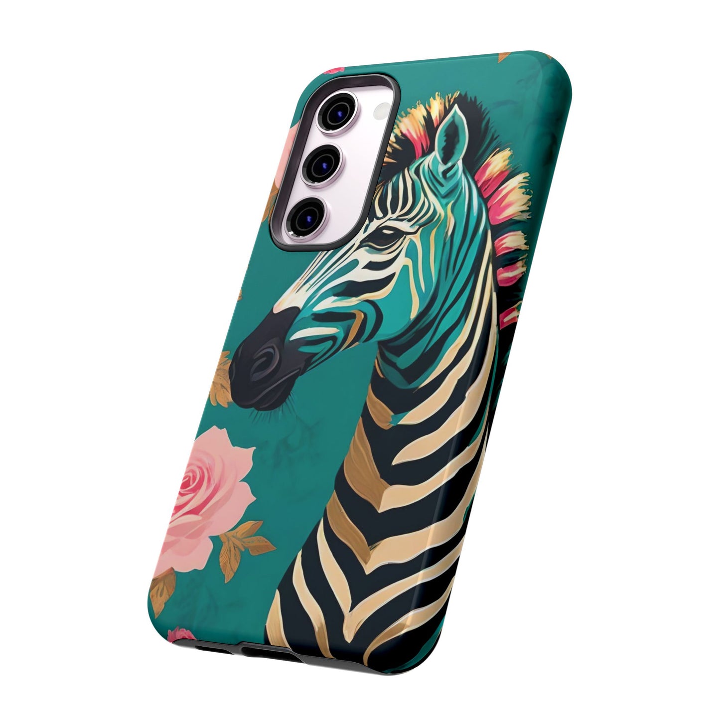 Phone Case - Elegant Teal & Gold Zebra & Roses Design