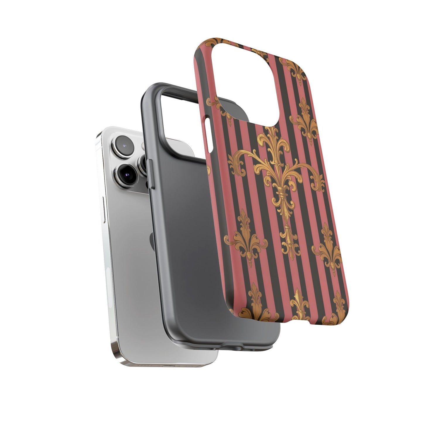 Elegant Floral Motif Phone Case - Tough Cases with Vintage Design - Mauve Striped Gold Damask