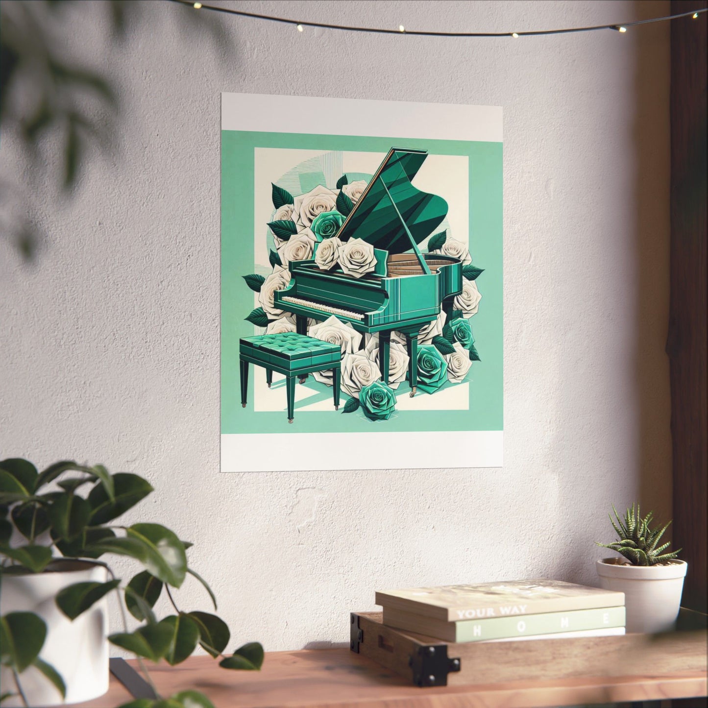Vertical Poster - Aqua Grand Piano & Roses Design