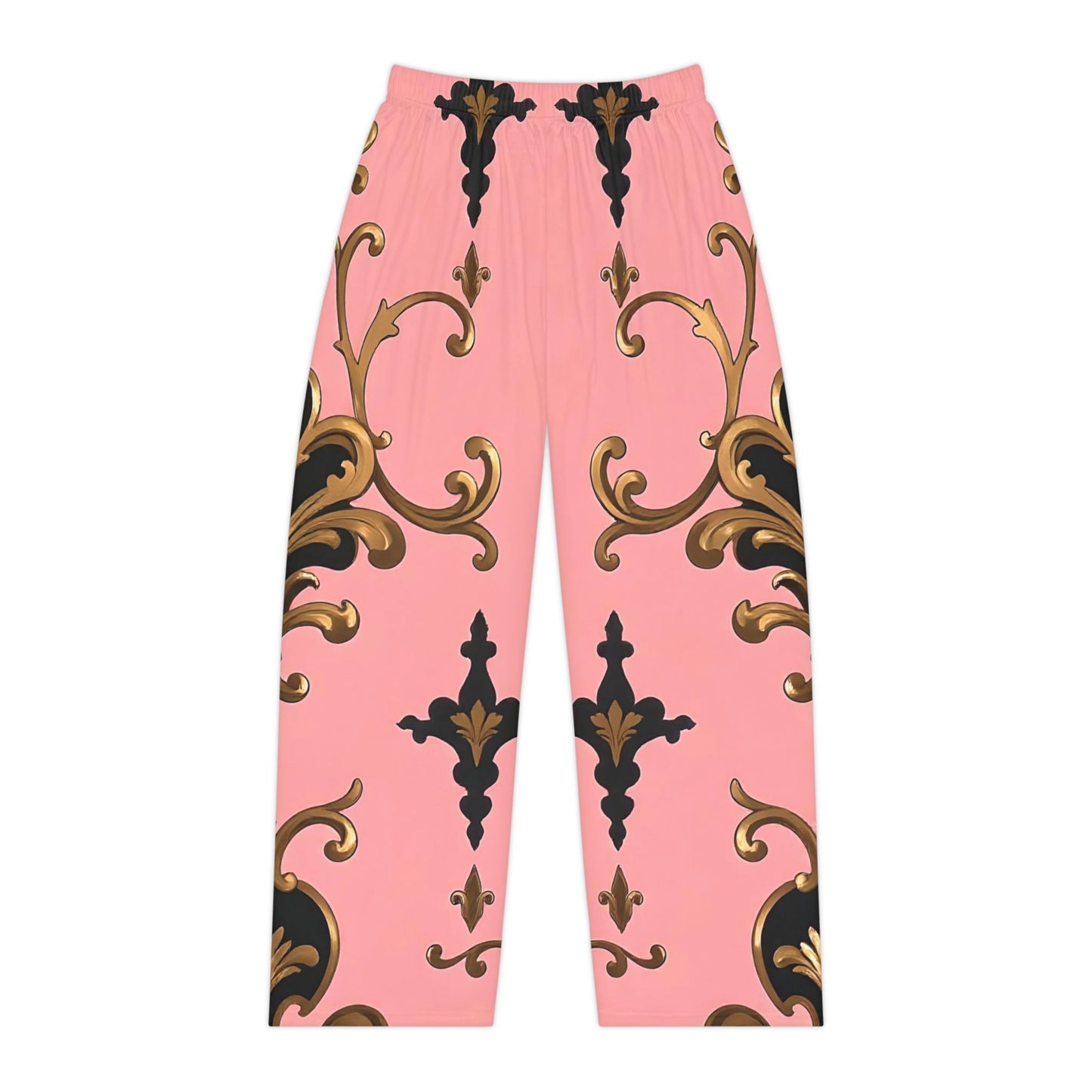 Chic Women's Pajama Pants - Luxurious Floral Print, Loungewear, Sleepwear, Gift for Her - Pink, Black & Gold Rococo
