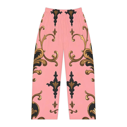Chic Women's Pajama Pants - Luxurious Floral Print, Loungewear, Sleepwear, Gift for Her - Pink, Black & Gold Rococo