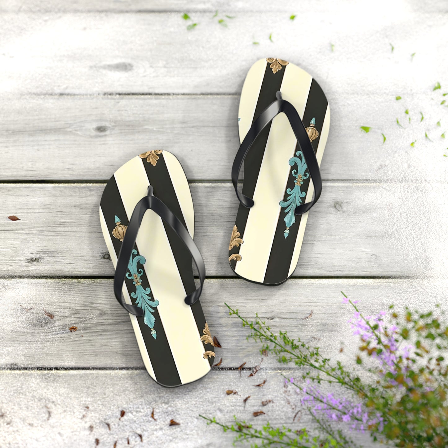 Stylish Flip Flops | Beach Sandals, Summer Footwear, Vacation Getaway, Casual Summer Style - Black Striped Turquoise & Black Rococo