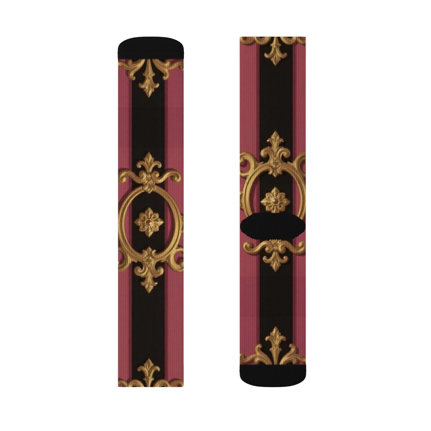 Stylish Sublimation Socks, Black & Mauve Striped Gold Baroque Fashion Socks, Unique Gift Socks, Cozy Home Socks, Trendy Footwear, Comfortable Dress Socks