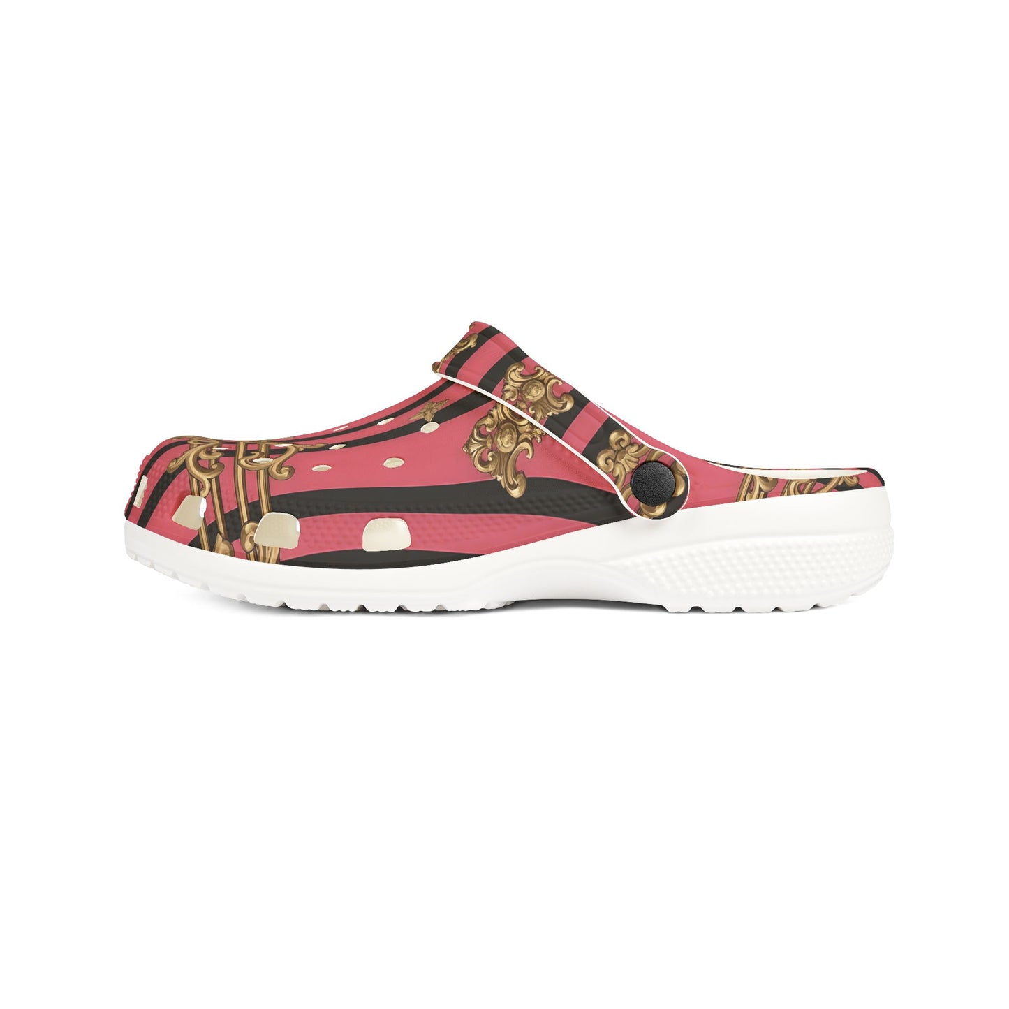 Chic Comfort EVA Foam Clogs, Stylish Slip-On Shoes for Home, Garden, and Casual Outings, Fashionable Footwear - Pink Striped Gold Rococo